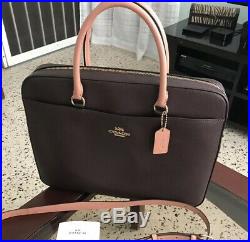 NWT Woman’s Coach Dark Brown (Oxblood) Pink Handles Leather, Laptop Bag #F34822 | Womens Laptop Bag