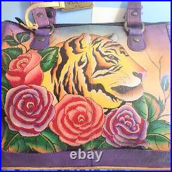 Anuschska Tiger Hand Painted Art Large Tote Coin Pouch Leather Laptop Bag Purse