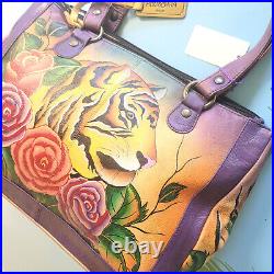 Anuschska Tiger Hand Painted Art Large Tote Coin Pouch Leather Laptop Bag Purse