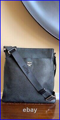 Authentic MCM Vintage Black Saffiano Leather Nylon Strap Messenger/Laptop Bag