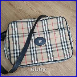 BURBERRY Vintage 80s Satchel Bag Laptop Briefcase Leather Check Canvas Beige