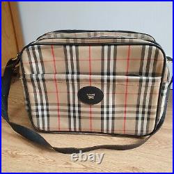 BURBERRY Vintage 80s Satchel Bag Laptop Briefcase Leather Check Canvas Beige