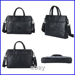 Black Crocodile Embossed Leather Mens Laptop Bag with Handle Drop Shoulder Strap