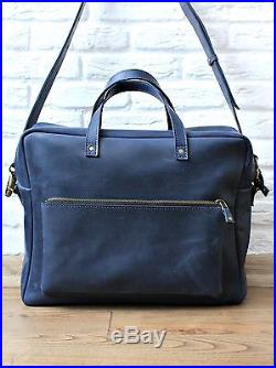Blue Natural Leather Shoulder Bag Laptop Men's Women's Every Day Business 07004