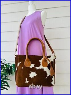 Cowhide Tote Bag Purse Handbag Leather Western Shoulder Laptop Bag Tan Medium