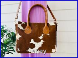 Cowhide Tote Bag Purse Handbag Leather Western Shoulder Laptop Bag Tan Medium