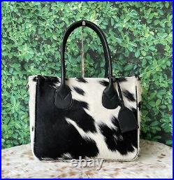 Cowhide Tote Purse Handbag Calf Leather Shoulder Laptop Bag Womens Black White