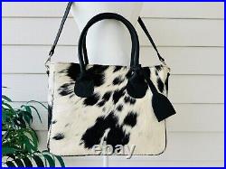 Cowhide Tote Purse Handbag Leather Shoulder Laptop Western Bag Black Medium