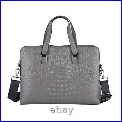 Gray Croco Embossed Genuine Leather Laptop Bag with Handle Drop Shoulder Strap