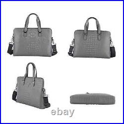 Gray Croco Embossed Genuine Leather Laptop Bag with Handle Drop Shoulder Strap