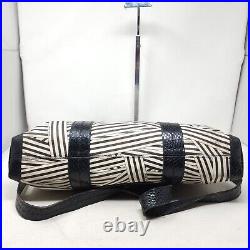 Henri Bendel Laptop Bag Disturbed Stripe Brown Black Canvas Leather Briefcase