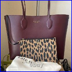 Kate Spade Bleecker Leather Lg Tote Burgundy Maroon Leopard Animal Laptop $248