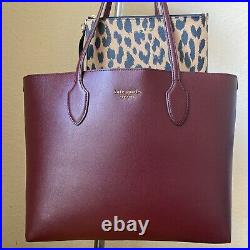 Kate Spade Bleecker Leather Lg Tote Burgundy Maroon Leopard Animal Laptop $248