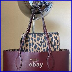 Kate Spade Bleecker Leather Lg Tote Burgundy Maroon Leopard Animal Laptop $248