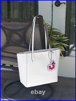 Kate Spade Dana Tote Shoulder Bag White Cream Leather Laptop Purse Flower Dangle