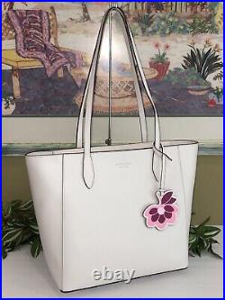 Kate Spade Dana Tote Shoulder Bag White Cream Leather Laptop Purse Flower Dangle