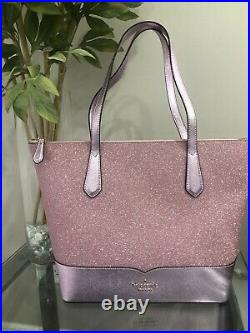Kate Spade Large Lola Glitter Tote laptop Bag + Tech Wallet Pink Sparkle Handbag