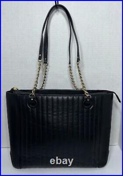 Levenger Quilted Leather Tote Briefcase Business Chain Handle Black Bag Shoulder