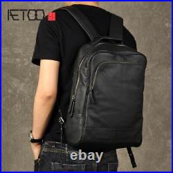 Mens Laptop Bag Backpack Business Original Genuine Leather Retro Leather Black
