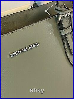 Michael Kors Gilly Large Drawstring Zip Tote Bag Laptop Army Olive Green Leather