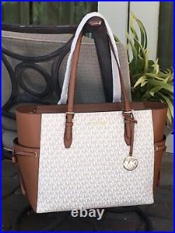 Michael Kors Gilly Large Drawstring Zip Tote Bag Laptop Vanilla Logo Leather