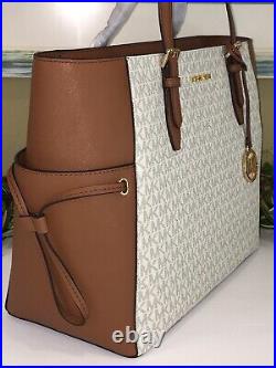 Michael Kors Gilly Large XL Drawstring Zip Tote Bag Laptop Vanilla Logo Leather