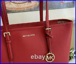 Michael Kors Jet Set Large Zip Shoulder Tote Bag Laptop Red Flame Leather Gold