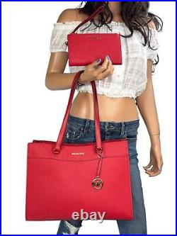 Michael Kors Jet Set Travel Large Shoulder Laptop Tote Bag + Wallet Bright Red