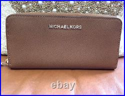 Michael Kors Jet Set Travel Tote Wallet Set Laptop Compartment Brown Leather