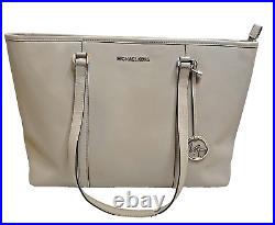 Michael Kors Large Gray Zip Laptop Tote Travel Shoulder Bag Silver MK Logo Charm