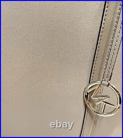 Michael Kors Large Gray Zip Laptop Tote Travel Shoulder Bag Silver MK Logo Charm