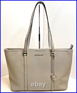 Michael Kors Large Gray Zip Laptop Tote Travel Shoulder Bag Silver MK Logo Charm