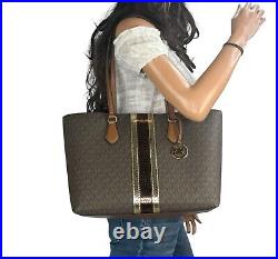 Michael Kors Sheila Lg Laptop Tote Shoulder Bag Mk Brown Center Stripe