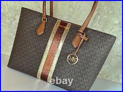 Michael Kors Sheila Lg Laptop Tote Shoulder Bag Mk Brown Center Stripe