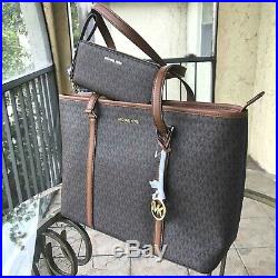 Michael Kors Women PVC Leather Large Shoulder Tote MK Bag Handbag and Wallet Set