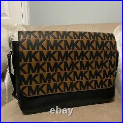 Michael Kors mens Harrison Leather Shoulder Flap Bag Leopard Brown Black Laptop
