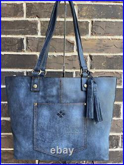 NWT $398 Patricia Nash Marza Large Denim Leather Tote travel laptop blue