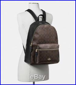 NWT COACH Signature Charlie Leather Backpack Laptop Book Bag Brown Black F58314