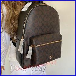 NWT Coach F58314 Charlie Backpack In Signature Canvas Brown Black Leather Bag