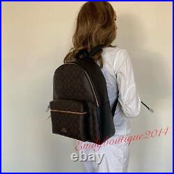 NWT Coach F58314 Charlie Backpack In Signature Canvas Brown Black Leather Bag