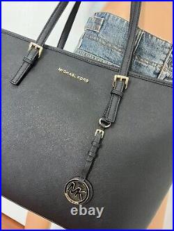NWT Michael Kors Black Jet Set Medium Saffiano Leather Top Zip Tote Bag Laptop