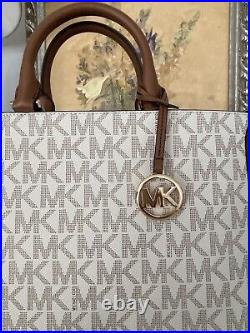 NWT Michael Kors Jessie MK Signature LG TZ Tote Bag Laptop Handbag White Vanilla