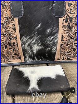 New Genuine Cowhide Fur Tooled Leather Travel Bag Purse Belt Strap & Wallet Set