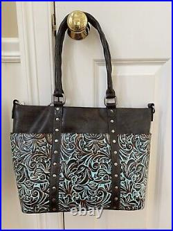 New NWT Patricia Nash Carducci Turquoise Tooled Leather Laptop Tote Bag Satchel