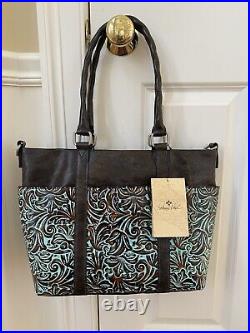 New NWT Patricia Nash Carducci Turquoise Tooled Leather Laptop Tote Bag Satchel