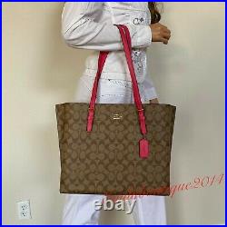Nwt Coach Signature Mollie Khaki Pink Canvas Leather Large Tote Bag 1665 $378