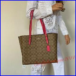 Nwt Coach Signature Mollie Khaki Pink Canvas Leather Large Tote Bag 1665 $378