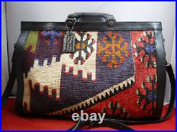 P3 Large 16 Turkish Kilim Carpet Rug wool Tapestry Leather Boho Attache bag Vtg