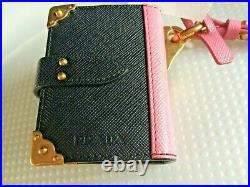 PRADA Cahier Trick Notebook Motif Bag Charm Strap Pink Black Gold Leather NEW