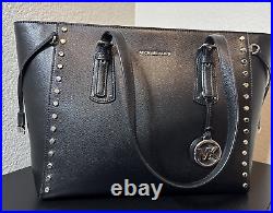 RARE Michael Kors Studded Black Voyager Medium Crossgrain Leather Tote Bag